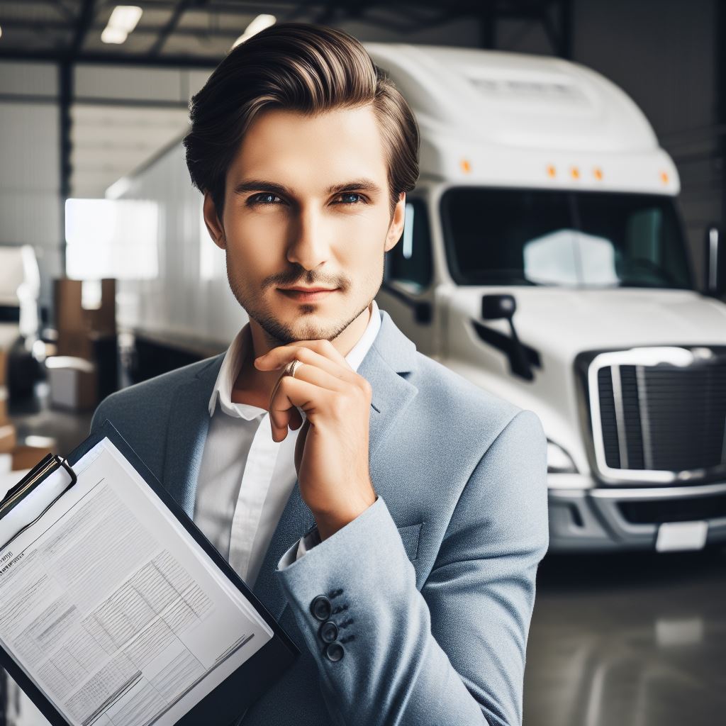 A man holding his chin in one hand and a clipboard in another wondering how to work with the best truck dispatcher with a semi truck in the background