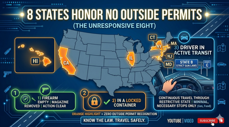 10 States with no reciprocity. List as of this refresh:  CA, CT, HI, IL, MD, MA, NJ, NY, OR, RI.