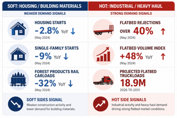 comparison chart contrasting the soft building-materials side with the hot industrial side of the flatbed market. 
