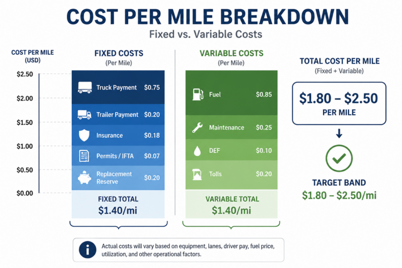 Chart breaking down trucking cost per mile into fixed and variable components totaling roughly $1.80 to $2.50 per mile.