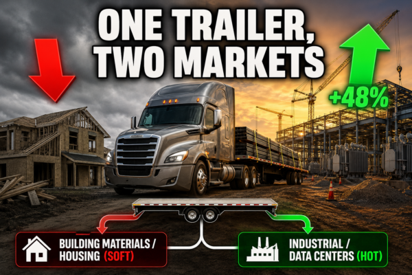 Comparison chart contrasting the soft building-materials side with the hot industrial side of the flatbed market. 