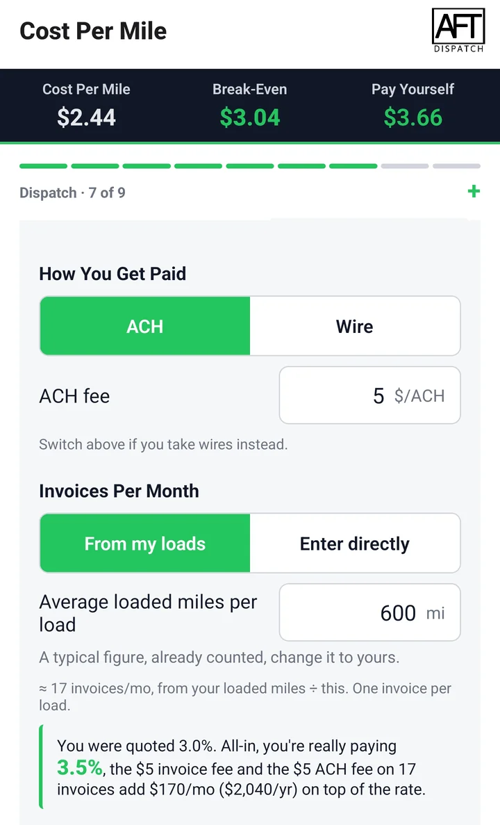 Factoring section of the Dispatch, Factoring & Load Boards page, showing the ACH or wire choice, invoices per month worked out from your loads, and the quoted factoring rate next to the effective all-in rate, with the flat fees per month and per year