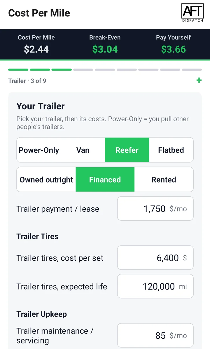Your Trailer page with the trailer type picker showing Power-Only, Van, Reefer and Flatbed, and the owned, financed or rented choice